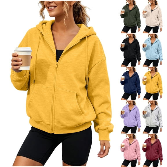Womens Long Sleeve Zip-up Hoodies Jacket Casual Sweatshirt With Drop Shoulder Kangaroo Pocket And Ribbed Cuffs Jacket