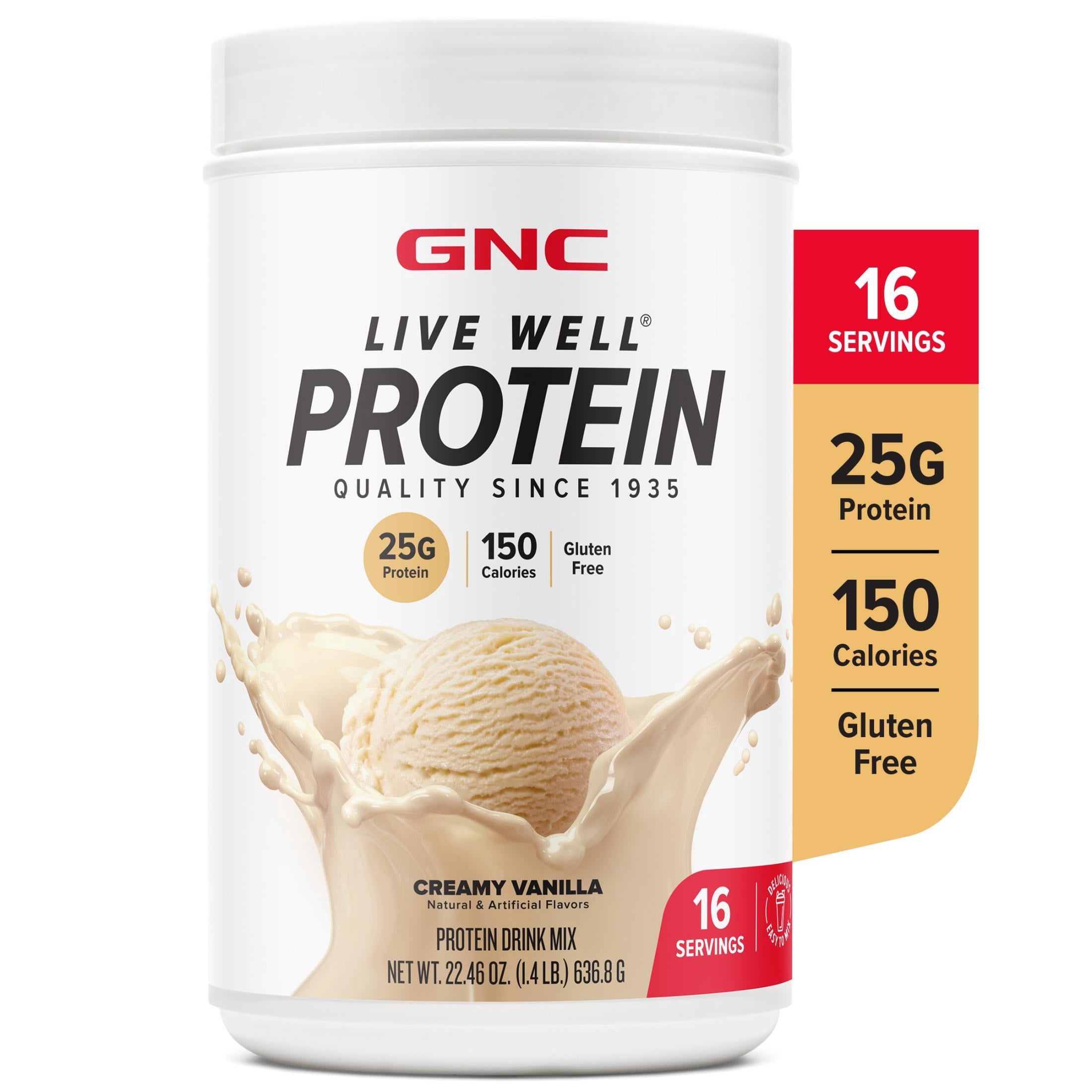 GNC Live Well Protein Powder, 25g Whey Protein, Creamy Vanilla, Gluten Free, No Sugar Added, 16 Servings