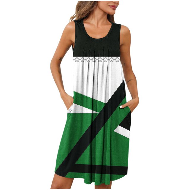 Ovzne Robes d'Été pour Femmes 2025 Robe d'Été Femmes Imprimé avec Poches Chemises de Nuit Sans Manches Vêtements de Nuit Plissée devant Chemise de Nuit Col Rond Robe de Nuit Imprimée Liquidation