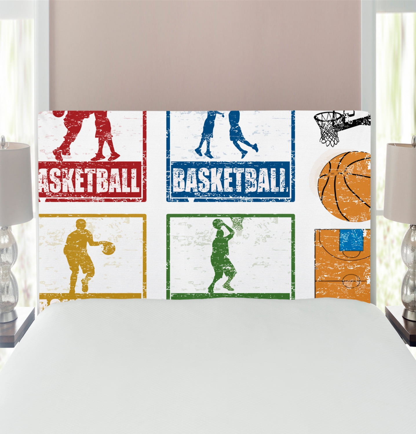 Basketball Headboard, Vintage Style Rubber Stamp Design Print