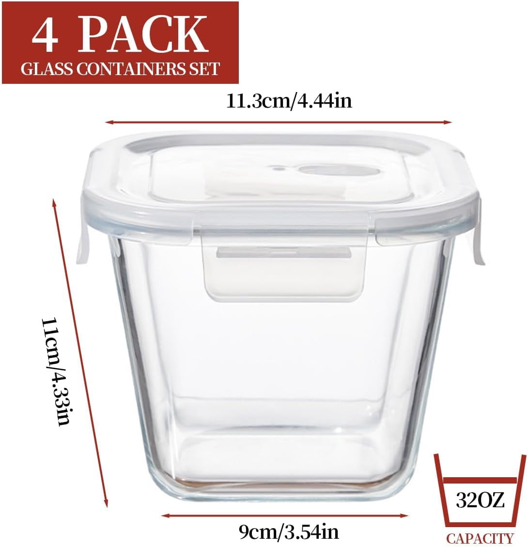 TT - 4 Cup Square Glass Food Storage Container with Lids, Square Glass Soup Container with Airtight Lids, 32 OZ Food Prep Bowls for Leftovers, Salad, Microwave、Fridge、Dishwasher Safe (4 Pack)