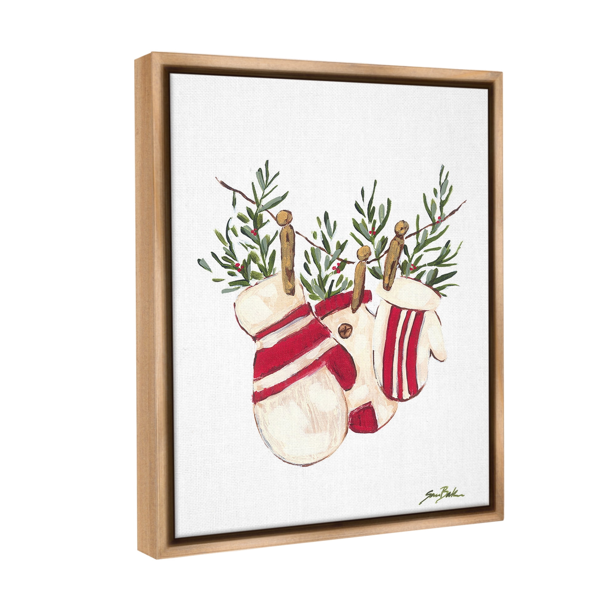 Stupell Industries Winter Mittens on Clothesline Holiday Painting Brown Floater Framed Canvas Art Print Wall Art, 25 x 31