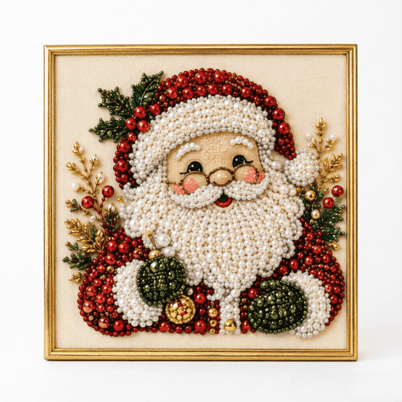 DIY Christmas Pearl Diamond Painting Art Kit, Santa Claus Bead Embroidery Set Framed Festive Holiday Home Decor Wall Art Tabletop Display Full Drill Beaded Santa