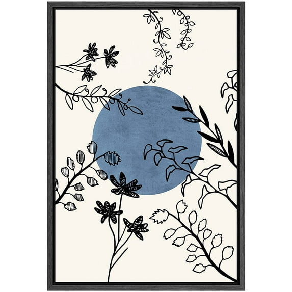 PixonSign Framed Canvas Print Wall Art Mid-Century Floral Botanical Flowers Blue Circle Abstract Shapes Illustrations Modern Art Decorative Minimal for Living Room, Bedroom, Office - 16"x24" Black