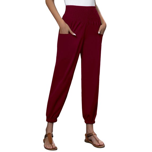 OSOLU Solid Color Womens Linen Wide Leg Pants Casual Loose Elastic Waisted Barrel Beach Palazzo Pants With Pockets Trousers Fashionable Classic Leisure Bottoms