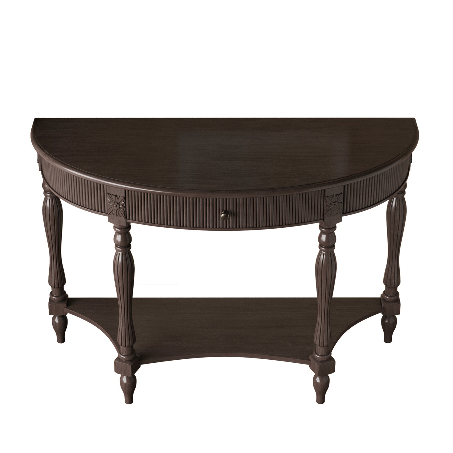 Hommoo Solid Wood Half Moon Console Table with Drawer & Open Shelf, Vintage Fluted Front, Narrow Semicircular Entryway Table for Hallway, Foyer, Living Room or Behind Sofa, Rustic Brown