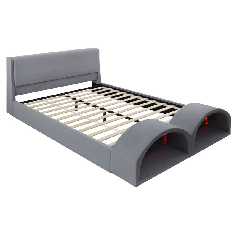 Queen Size Upholstered Platform Bed with LED Lights, Velvet Kids/Teens/Adults Low-Profile Bed Frame with Pet Nests at Footboard