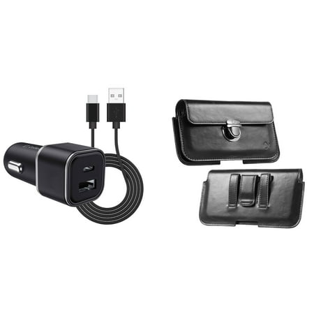 Holster and Car Charger Bundle for TCL 30 LE: Dual Carrying Belt Pouch Case (Black) and Compact High Power 30W Dual USB Port (Type-C & USB-A) Auto Power Adapter
