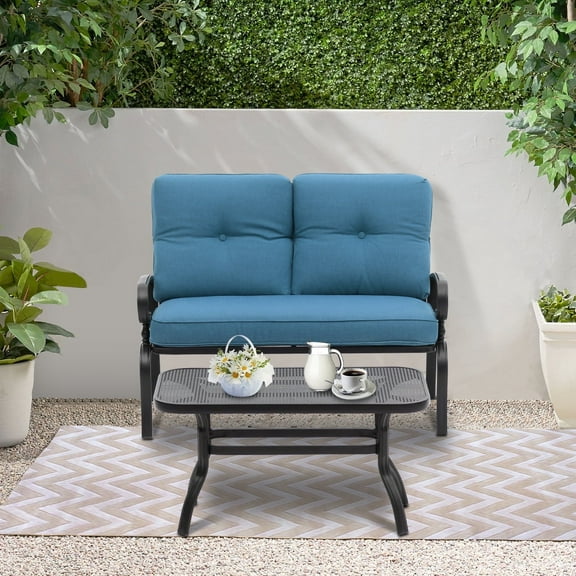 SOLAURA 2-Piece Outdoor Patio Loveseat Metal Bench with Coffee Table and Peacock Blue Cushions