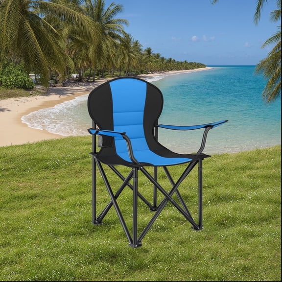 LEDREM Heavy-Duty Folding Camping Chair with Sponge Seat and Cup Holder, 551 lb Weight Capacity, Portable Outdoor Picnic Chair, Blue and Black