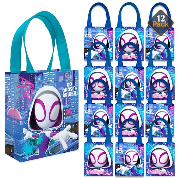 Ghost Spider Party Favor Bags Set – 12 Pack 8" Marvel Goodie Bags for Kids Bulk Reusable Mini Totes | Spidey and Friends Ghost Spider Birthday Party Supplies
