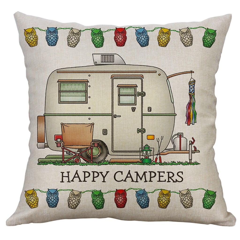 Square Happy Campers Cotton Linen Pillow Case Cushion Cover Car Home Decor 