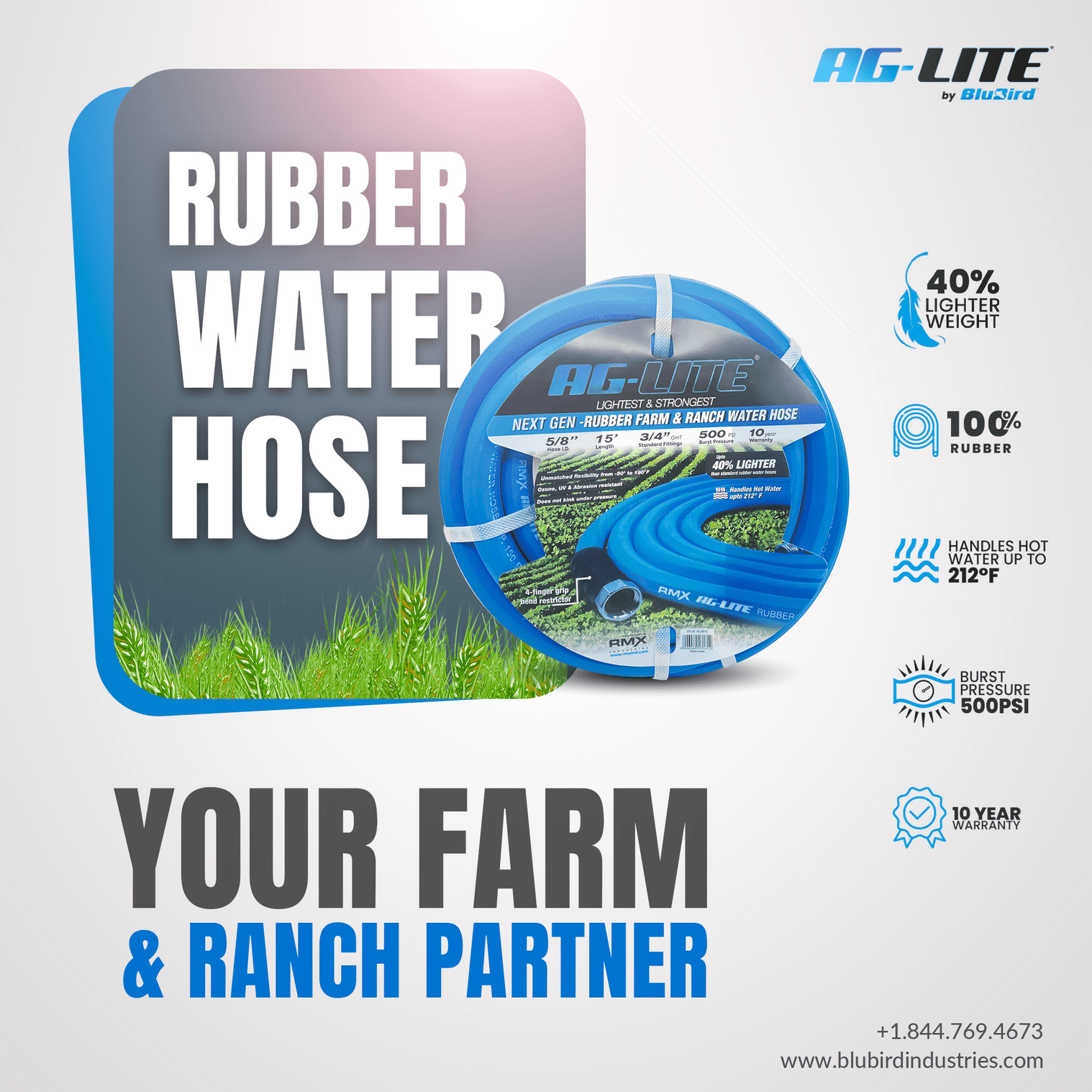 AG-Lite 3/4" x 15 ft Irrigation Hose, 100% Rubber, 500 PSI, Agriculture Grade, Lightweight & Flexible, 3/4" GHT Brass Fittings, Hot & Cold Water Use, Kink Resistant, 10-Year Warranty