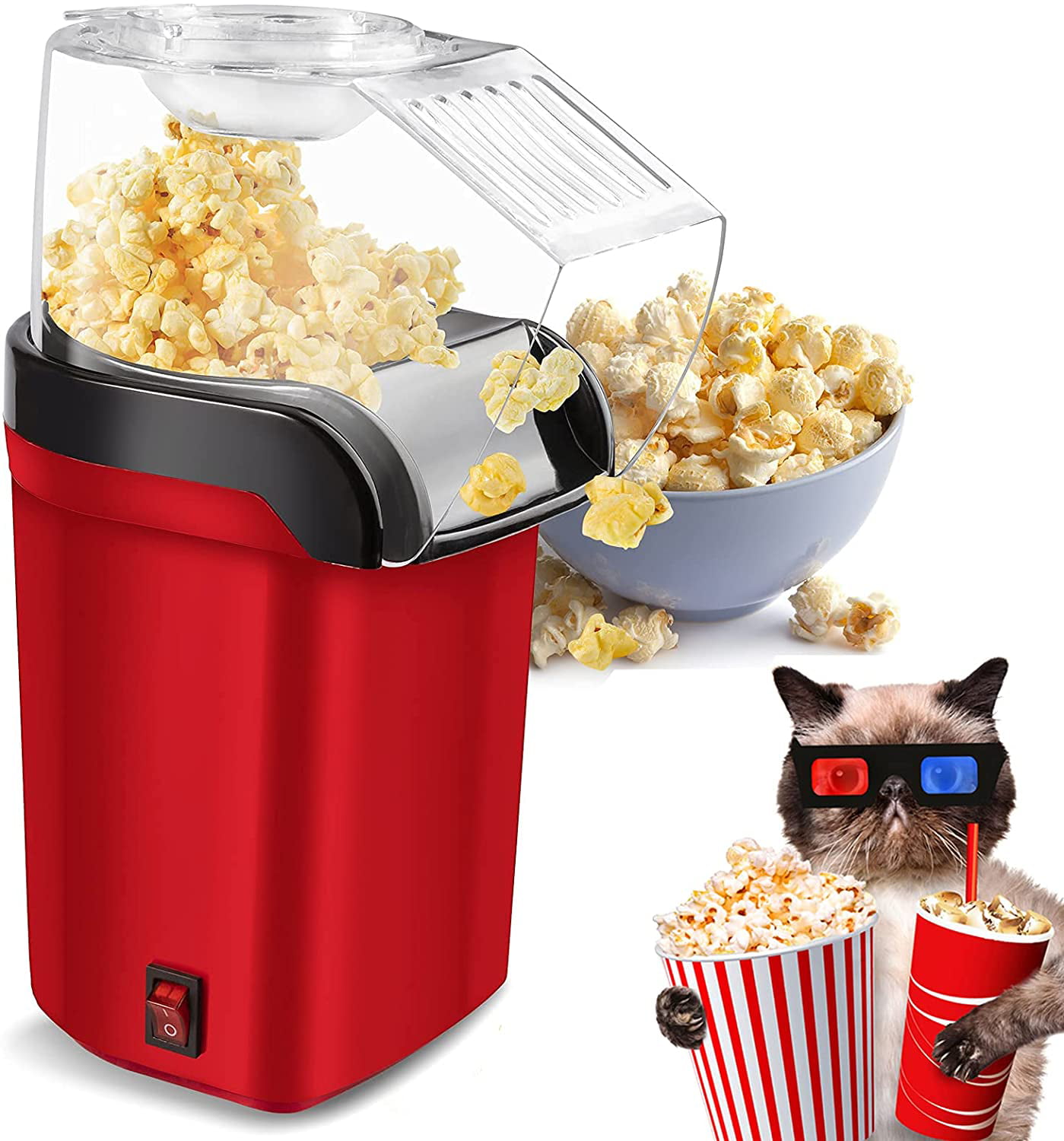 No Oil Needed Great For Kids 1200W Popcorn Popper with Measuring Cup and Removable Lid for Watching Movies and Holding Parties in Home Red Popcorn Machine Hot Air Popcorn Maker 