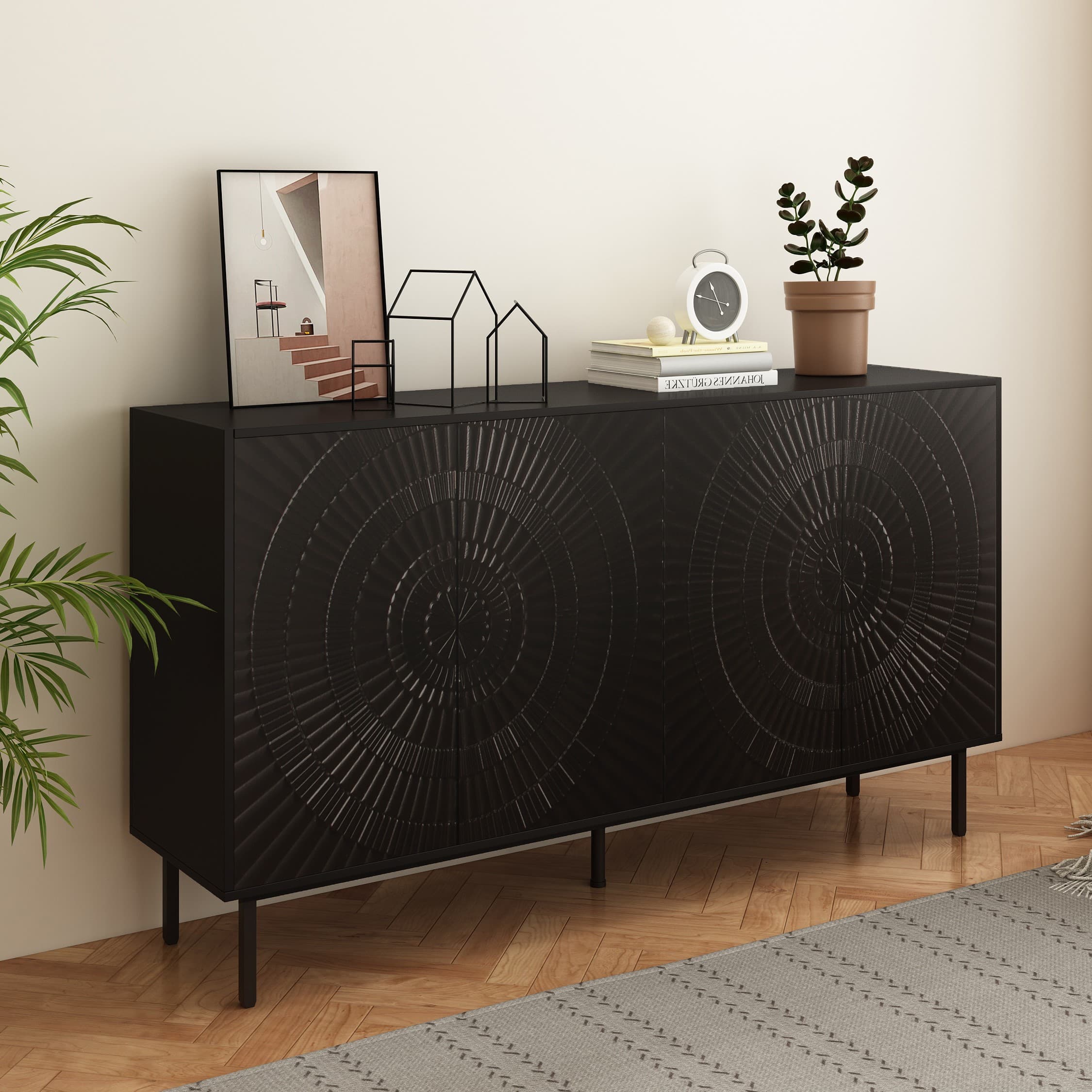 Aukfa Modern Wood Sideboard Buffet, Accent Storage Cabinet for Dining Room & Living Room,Black
