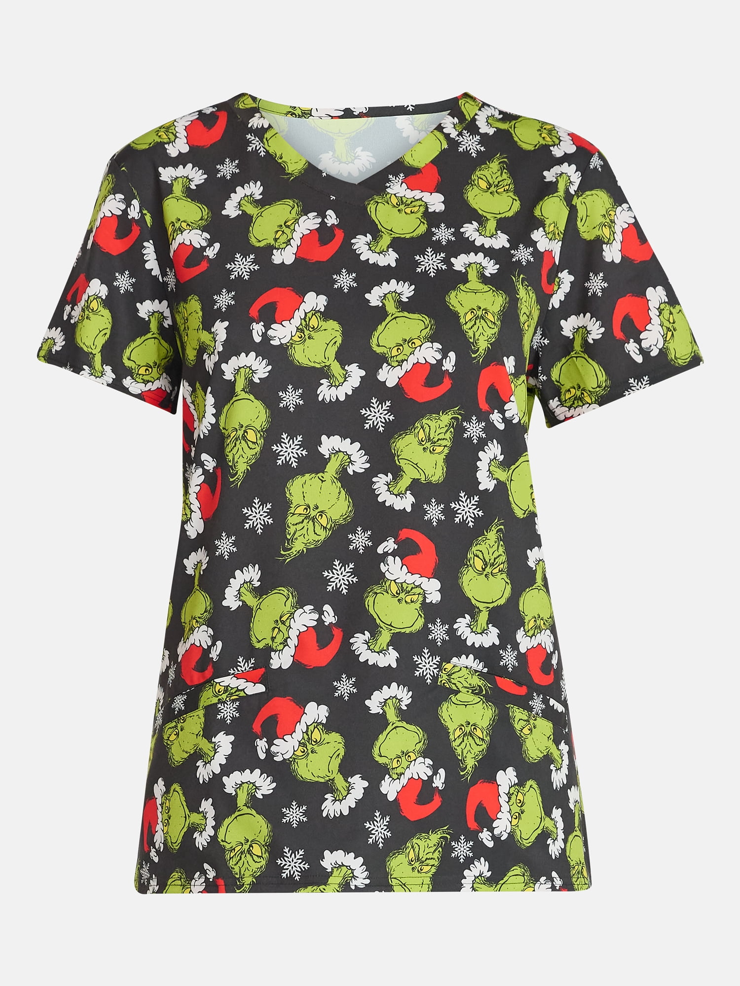 Dr. Seuss Grinch Women's Print V Neck Scrub Top, Sizes S-3XL