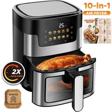 7.5QT XL Air Fryer with View Window, 10 Presets, 95% Less Oil, Dishwasher Safe Basket with 100 Free Liners – Perfect for Family Meals (Black)