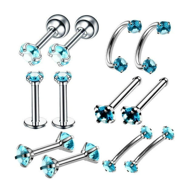 12pcs en Acier Inoxydable Couleur Zircon Anneau Corps Lèvre Nez Clou Piercing Bijoux Bleu