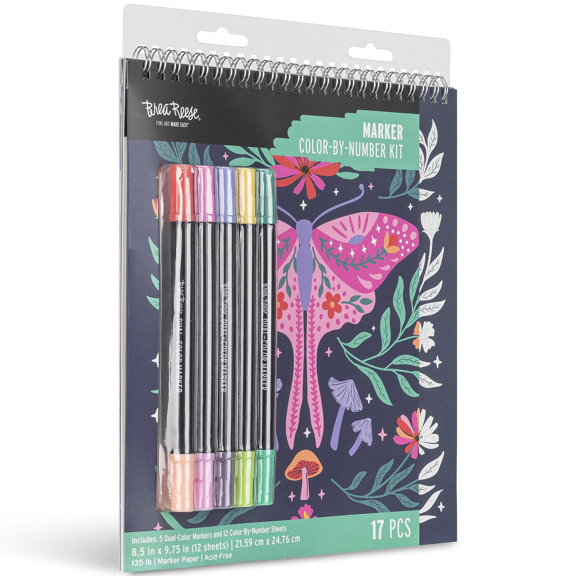 Brea Reese: Marker Color-by-Number Kit - Whimsical Botanicals - 5 Dual-Tip Markers, 12 Designs, Guided Art, 8.5 x 9.75" Pages, Adult Spiral Art Pad