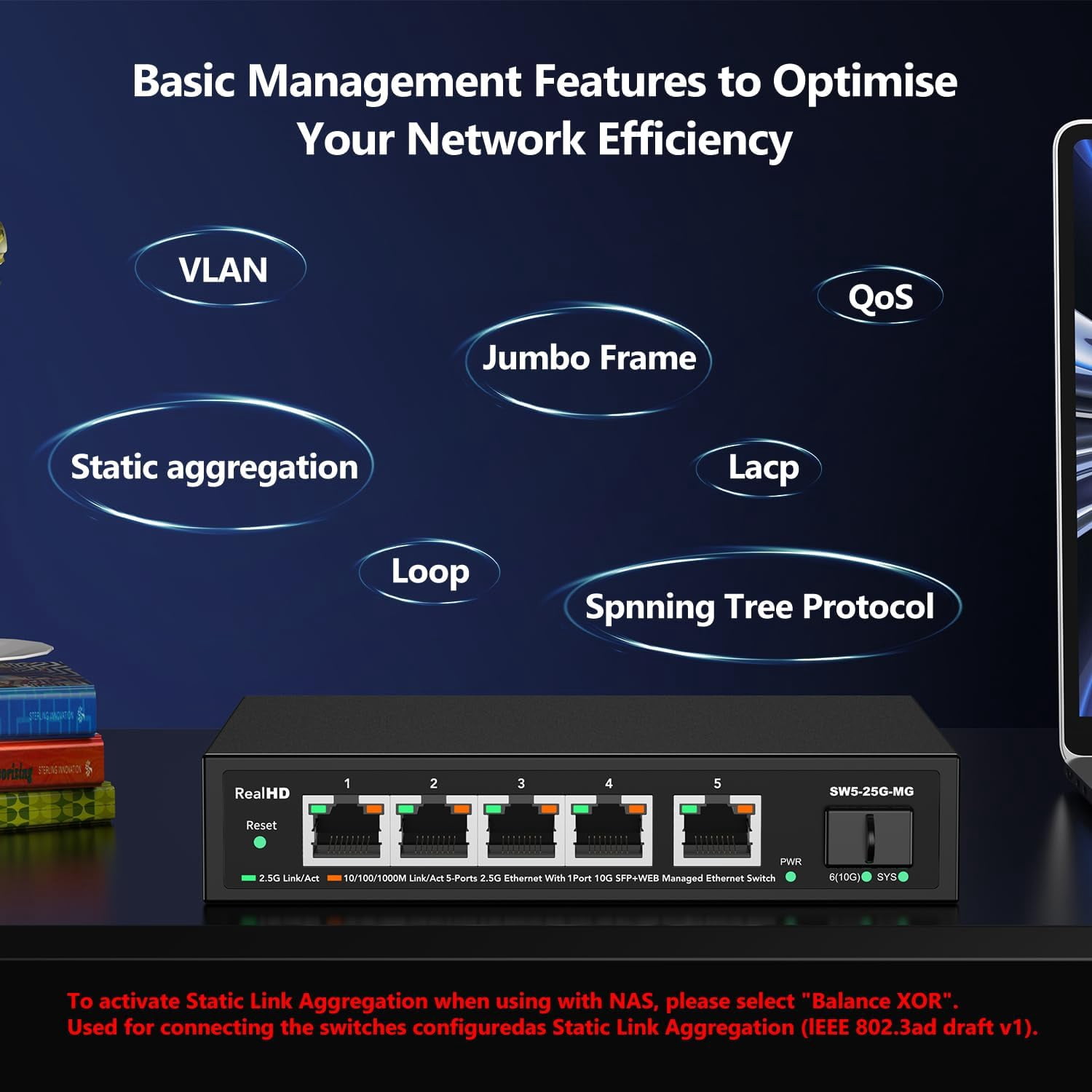 5 Port 2.5GB Web Managed Ethernet Network Switch | 5 x 2.5 Gigabit | 1 x 10Gb SFP+ | Multigig Switch 10-100-1000Mbps | 45G Bandwidth | Fanless Metal Internet Switch | NOT Support VPN