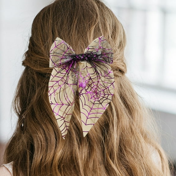 Halloween Hair Clips for Women Mesh Big Bows Barrettes Clips Orange Spider Web Print