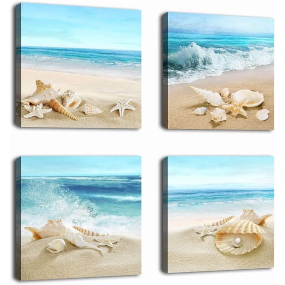 Beach Waves Wall Art Ocean Decor Sands Seashell Starfish Nature Pictures Blue Canvas Artwork Turquoise Wall Art for Bathroom Bedroom Living Room Office Kitchen Wall Decor 12" x 12" x 4 Pieces
