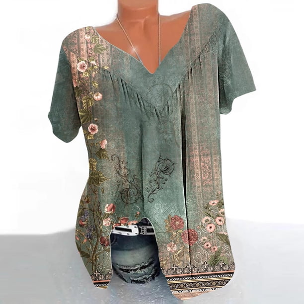 Fiudx Ofertas Flash Artículos En Oferta Blusa Estampada de Manga Corta con Cuello En V para Mujer Blusas Tipo Jersey