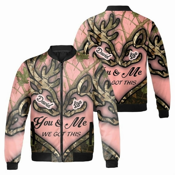 Personalized Deer Antlers Couple Pink Camouflage Bomber Jacket – Custom "You & Me, We Got This" Unisex Jacket Gift For Hunters, Valetine's Day, Wedding Anniversary