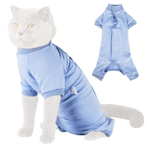 Blue Cat Recovery Suit L Size, Back Length 13.8-16.1 in / 35-41 cm, Leg Sleeves to Stop Licking, Cat Surgical Spay Suit, Anti-Hair Loss