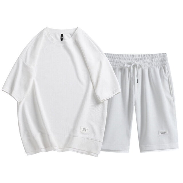 NTACZA Men Shorts Set Waffle Athletic Short Sleeve Tracksuits Mens Plus Size Crew Neck Sweatsuits XL