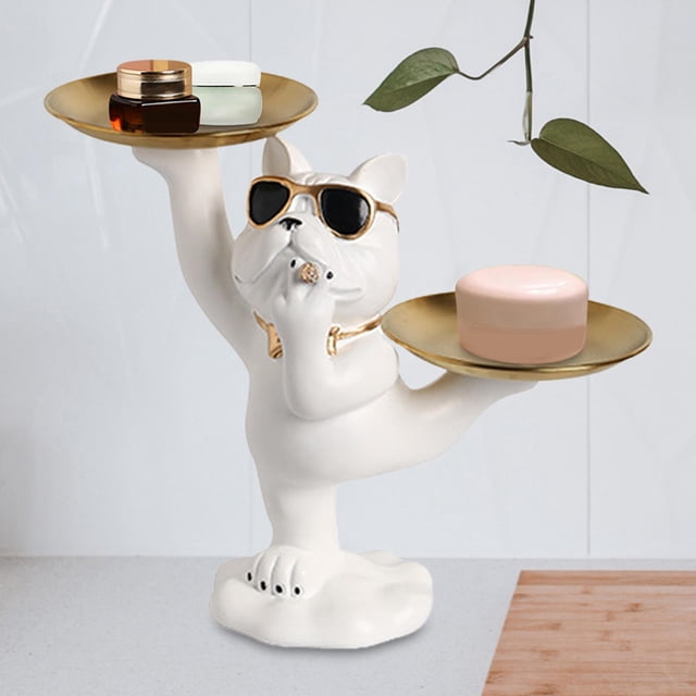 Escultura de Francés, estatua de perro con bandeja de almacenamiento, organizador de estatuillas de animales de almacenamiento de artículos di Blanco BLESIY llavero de estatua de resina