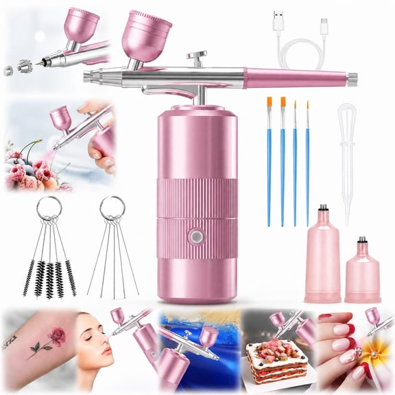 Airbrush Kit with Compressor Portable Airbrush Kit 48PSI High-Pressure Non-Clogging Air Brush Set Cordless Rechargeable with 0.3mm Nozzle and Cleaning Brush for Painting,Nail Art, Makeup pink