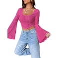 thumbnail image 2 of Cenuakty Women´s Textured Crop Tops Long Sleeve Scoop Neck Hanky Hem Solid Color Slim Fit T-Shirt Streetwear, 2 of 6