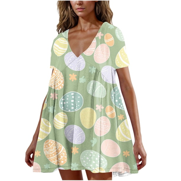 Sexy Vestido Corto Estampado de Pascua Vestido Suelto de Manga Corta de Cuello en V de Moda, Fibra de Poliéster