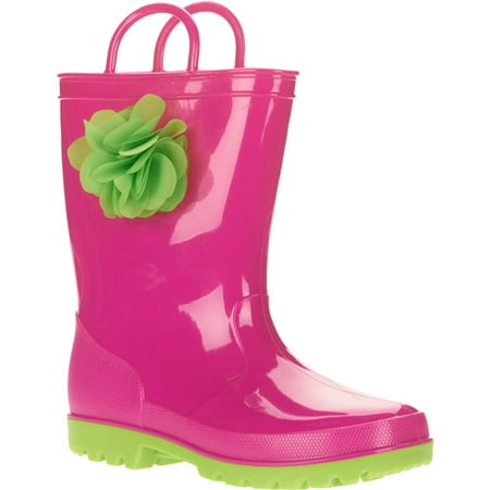 Girls Pink Rainboot with Green Flower Embellishment