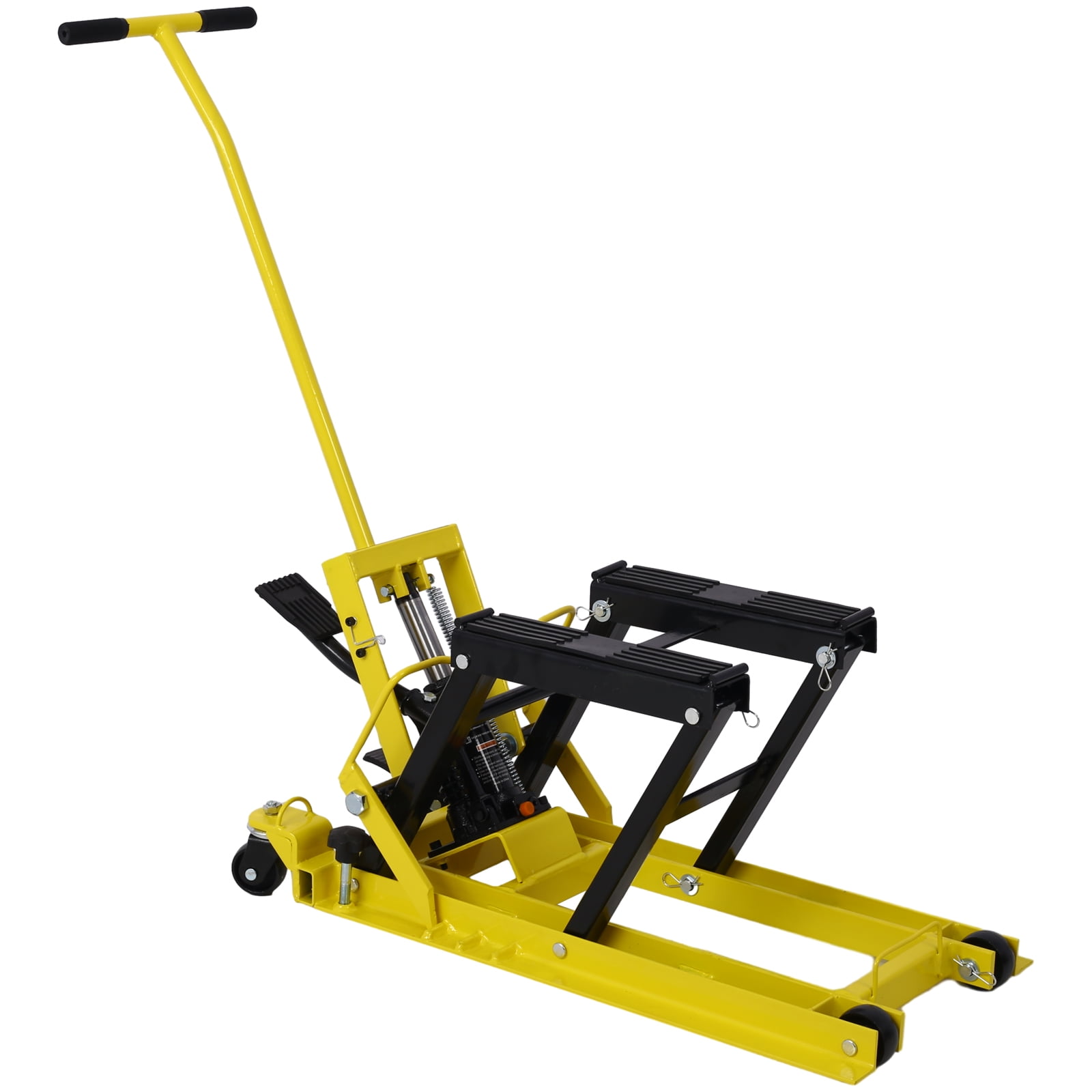 Hydraulic Motorcycle Lift Jack, 1500 LBS Capacity ATV Scissor Lift Jack, Portable Motorcycle Lift Table with 4 Wheels, Hydraulic Foot-Operated Hoist Stand with Tie Down
