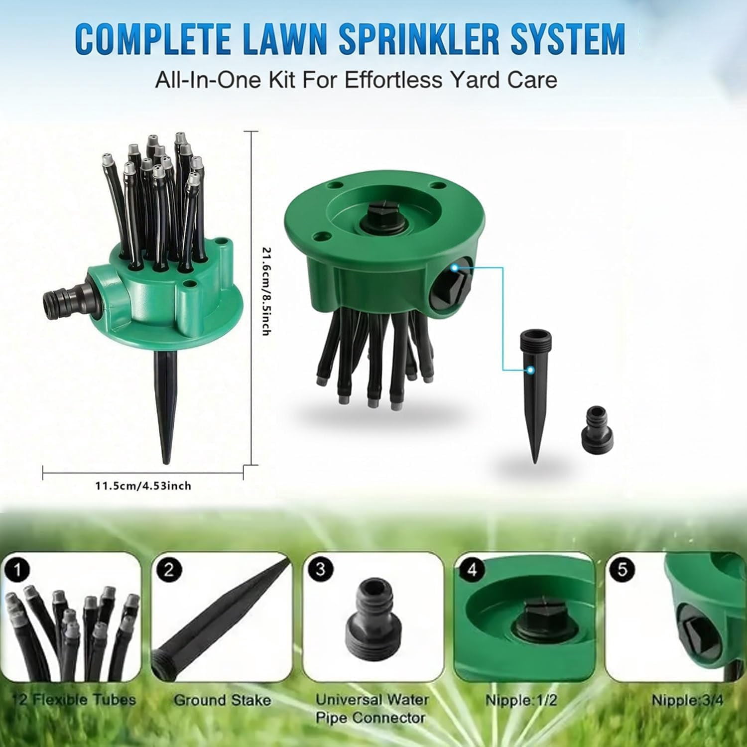 360° Degree Multi-Directional Lawn Sprinkler, Adjustable Garden Irrigation Sprinkler with 12 Flexible Spray Nozzles and Rotating Multi-Arm Head for Yard, Grass, Flower Beds and Roof Cooling (3PC)