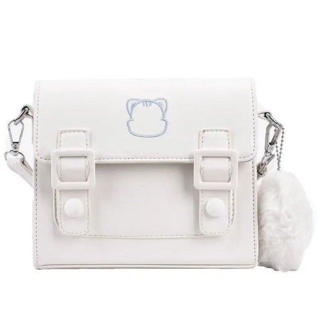 Bandolera de piel sintética blanca para niñas, detalle esponjoso, adorable bolso con colgante de corazón en tamaño único