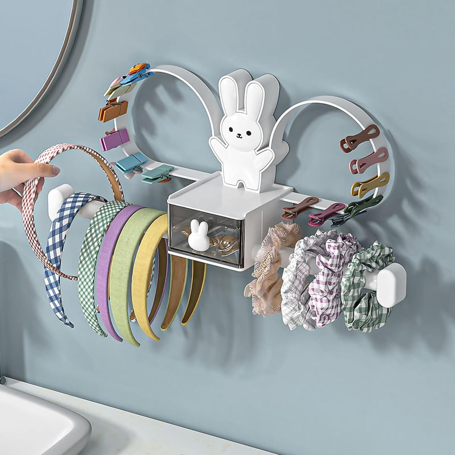 Rabbit Headband Holder Organizer, Multifunctional Wall Mounted Hair Accessory Holder for Hair Clips, Hair Bands, Jewelry, Necklaces, Bracelets, Home Storage and Organizer for Bedroom, White