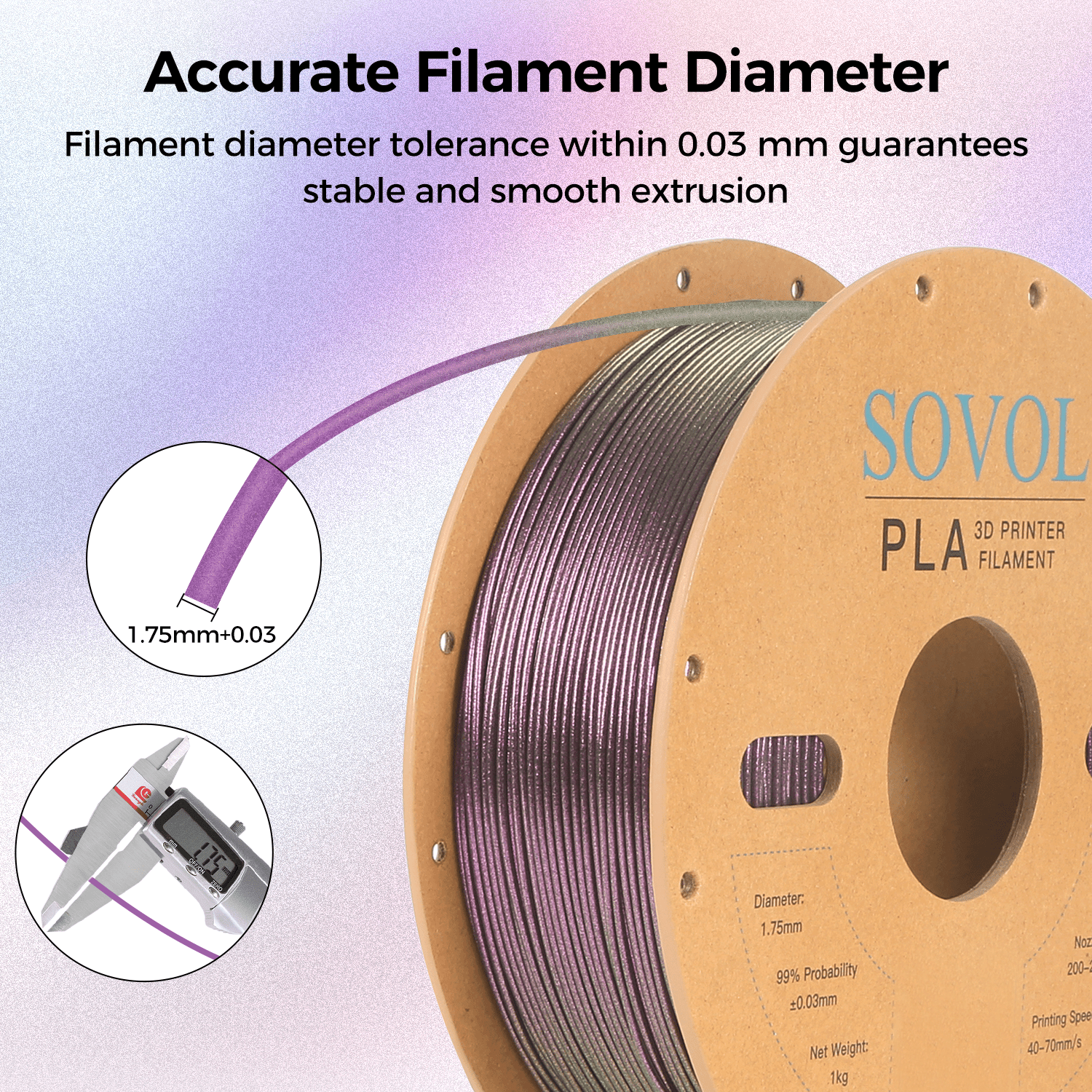 Sovol Silk PLA Filament with Purple Glitter 1kg 1.75mm, Color Changeable 3D Printer Filament 2.2lbs, Chameleon Shiny PLA Material +/-0.03mm, Shimmering 3D Printing Filament, Galaxy Purple