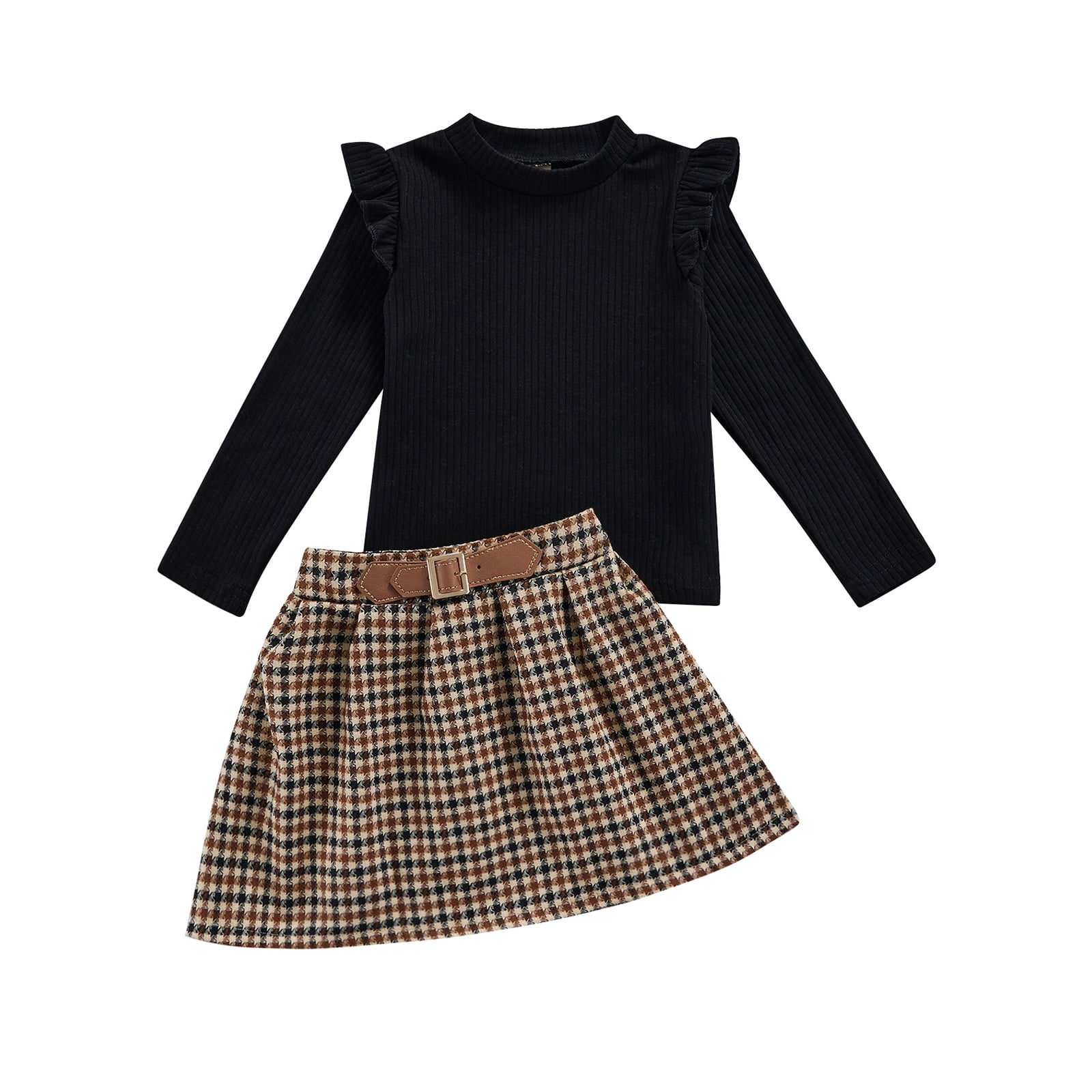 Imcute Girls Skirt Set High-neck Knit Ruffled Long-sleeved Tops Plaid ...