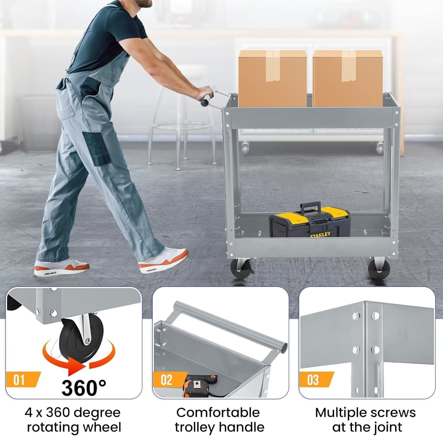 2-Tier Utility Cart, Heavy Duty Steel Rolling Cart, 300lb Multi-Purpose Tool Organizer, Metal Garage Organizer Tool Cart for Warehouse, Garage, Garden, Kitchen