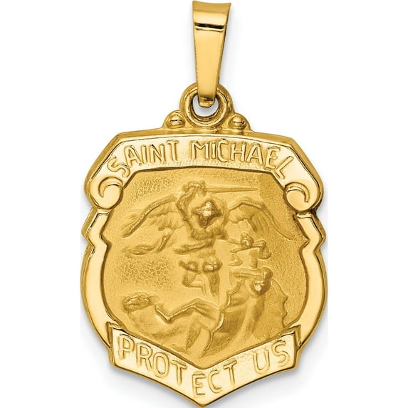 14K Yellow Gold Polished And Satin St Michael Badge Medal Hollow Pendant (20 X 14) Made In United States xr1314