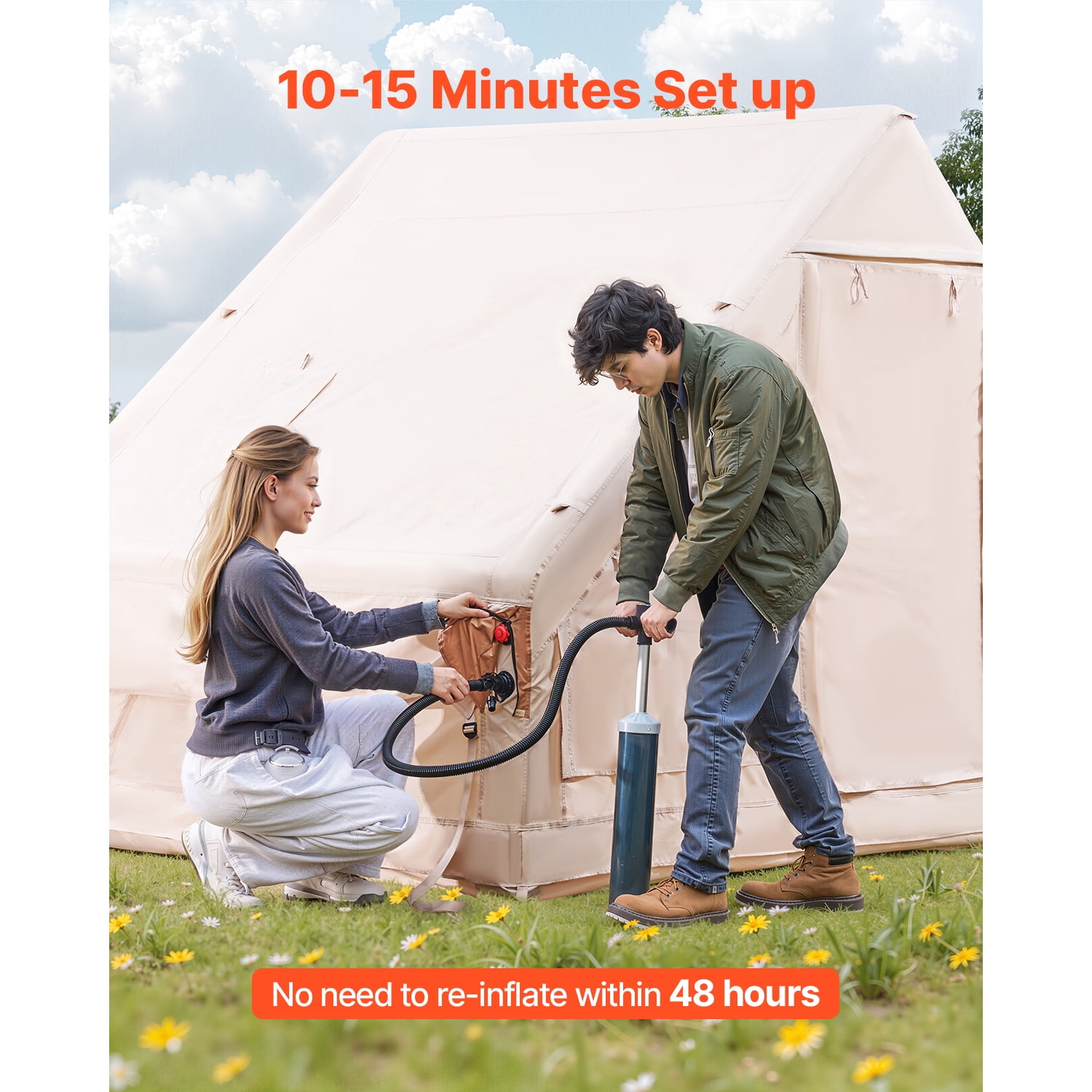 KFFKFF Inflatable Camping Tent for 5-8 Person, 13.12 x 9.84 x 6.56 Ft 300D Oxford Fabric Glamping Blow up Tent with Hand Pump, Waterproof Air Tent with Stove Jack
