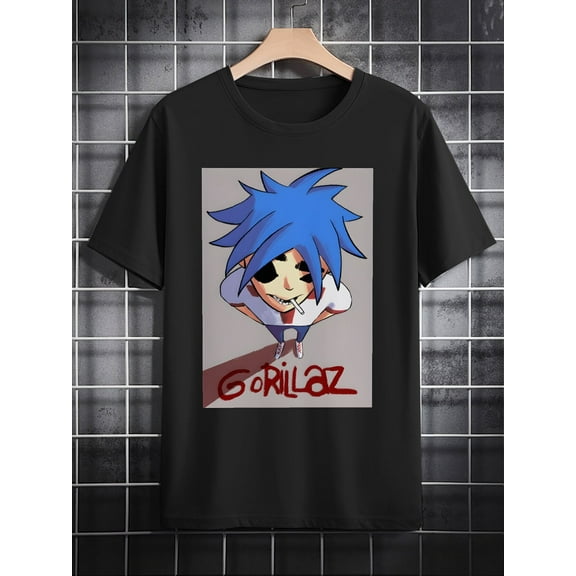 Men'S Casual Crew Neck T-Shirt, Polyester Knit Fabric with Slight Stretch, Regular Fit, with Gorillaz Graphic Print, for Summer Fashion Tee