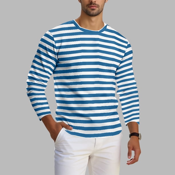 Ceisia Men's Spring Fall Casual Regular Fit Crew Neck Long Sleeve T-Shirt Multi-Color Striped Cotton-Like Jersey Stretch Fabric Light Blue L Gifts