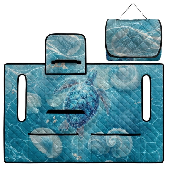 COEQINE Quilted Golf Cart Seat Cover, Folds Like a Bag with Handle for Easy Carry, Universal Fit 51.2"x30.3" for EZGO Yamaha Club Car 2-Seaters, 4 Pockets, Blue Sea Turtle Conch
