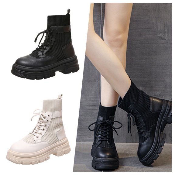 Thick Bottom Boots Knitting Elasticity Boots Thin Within Round Toe Leather Stitching Frenum Boots