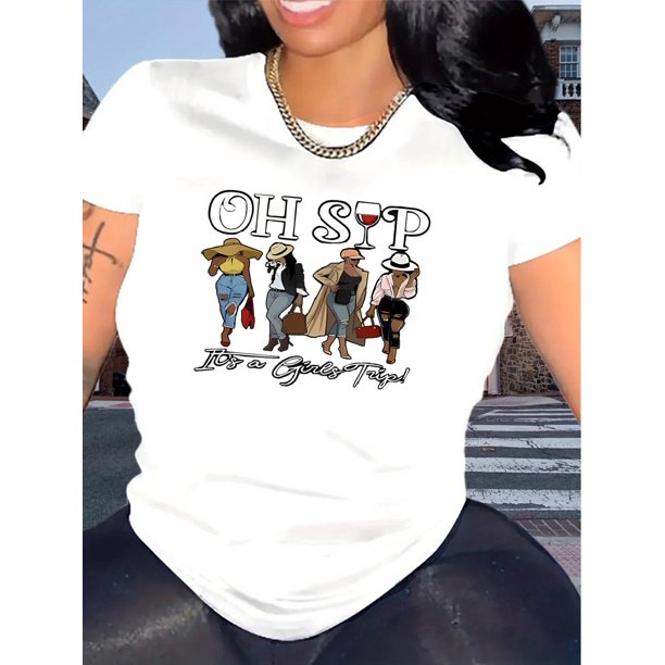 Women's Fashion Casual T-Shirt with English Letter Print, Round Neck, Short Sleeve, Comfortable Summer Top, Polyester and Spandex Blend, Machine Washable, Pattern Print, Sportswear