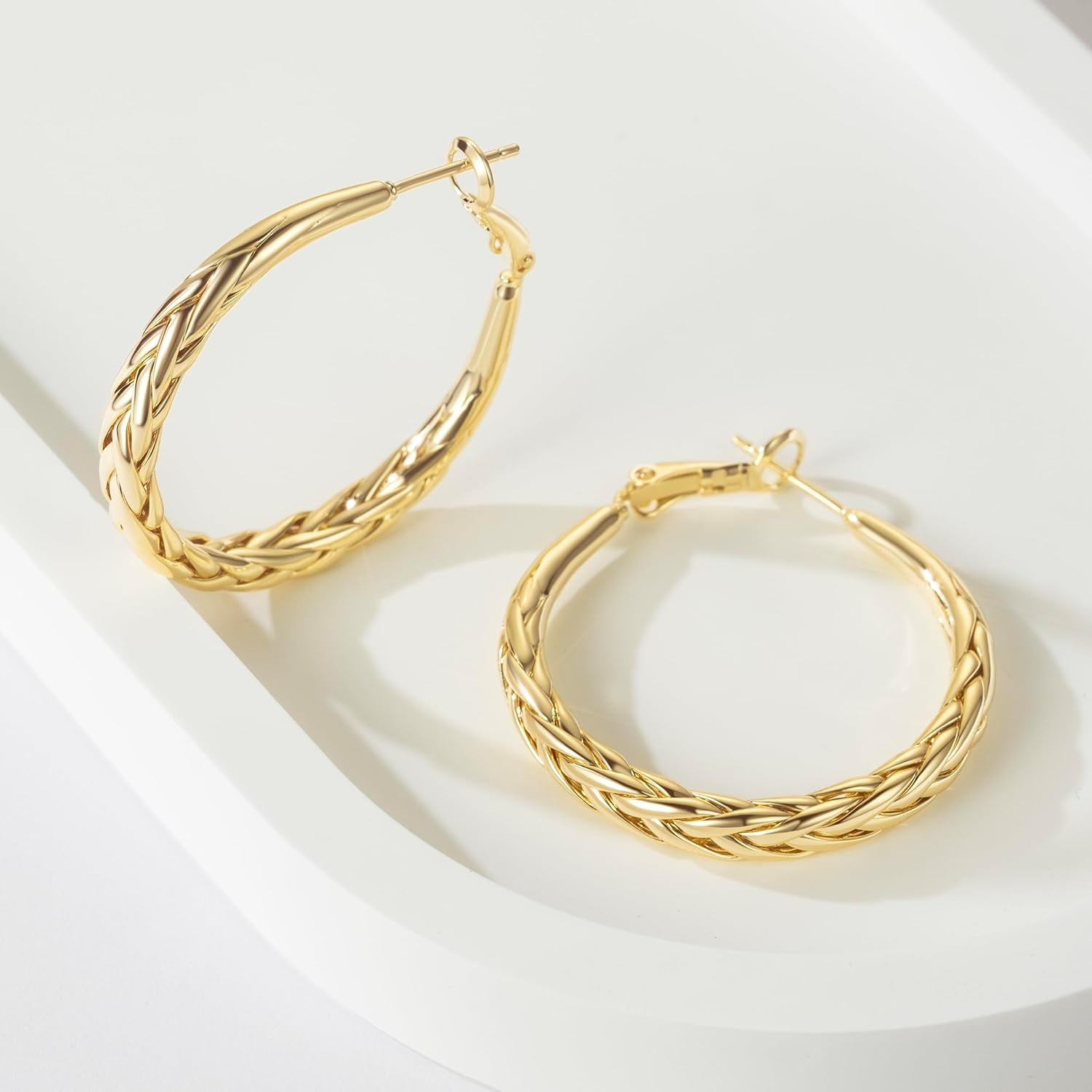14K Gold Hoop Earrings for Women Large 35mm Intricate Weave Design 14K Gold Hoop Earrings Lightweight Gold Plated Earrings for Women Elegant Drop Hoops Secure Closure